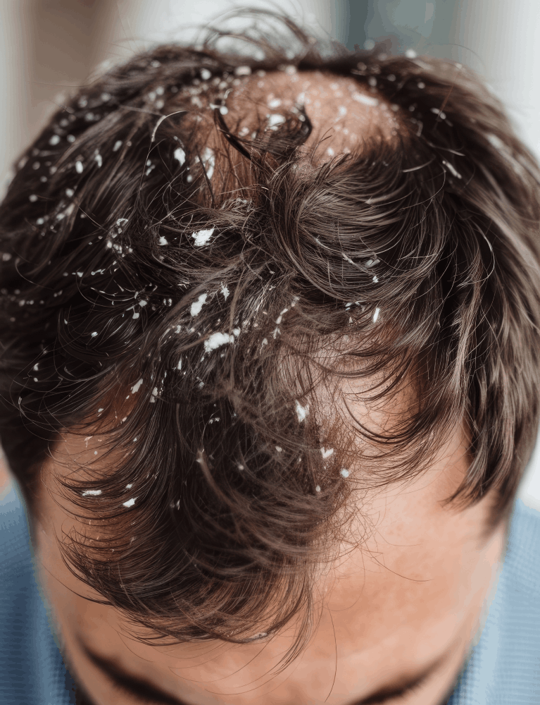 Dermatologist examining and treating dandruff and scalp flaking in a patient at a skin and hair clinic in Chennai.