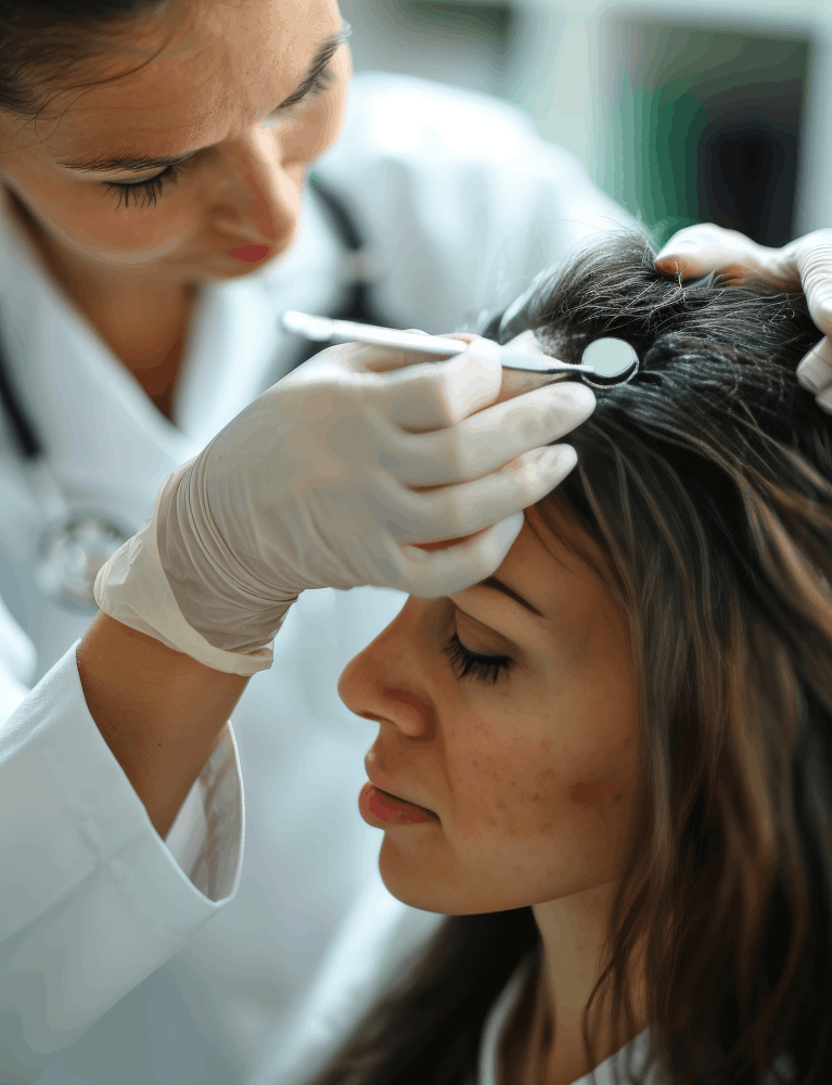 Dermatologist performing exosome hair therapy on a patient experiencing hair loss at a skin and hair clinic in Chennai.