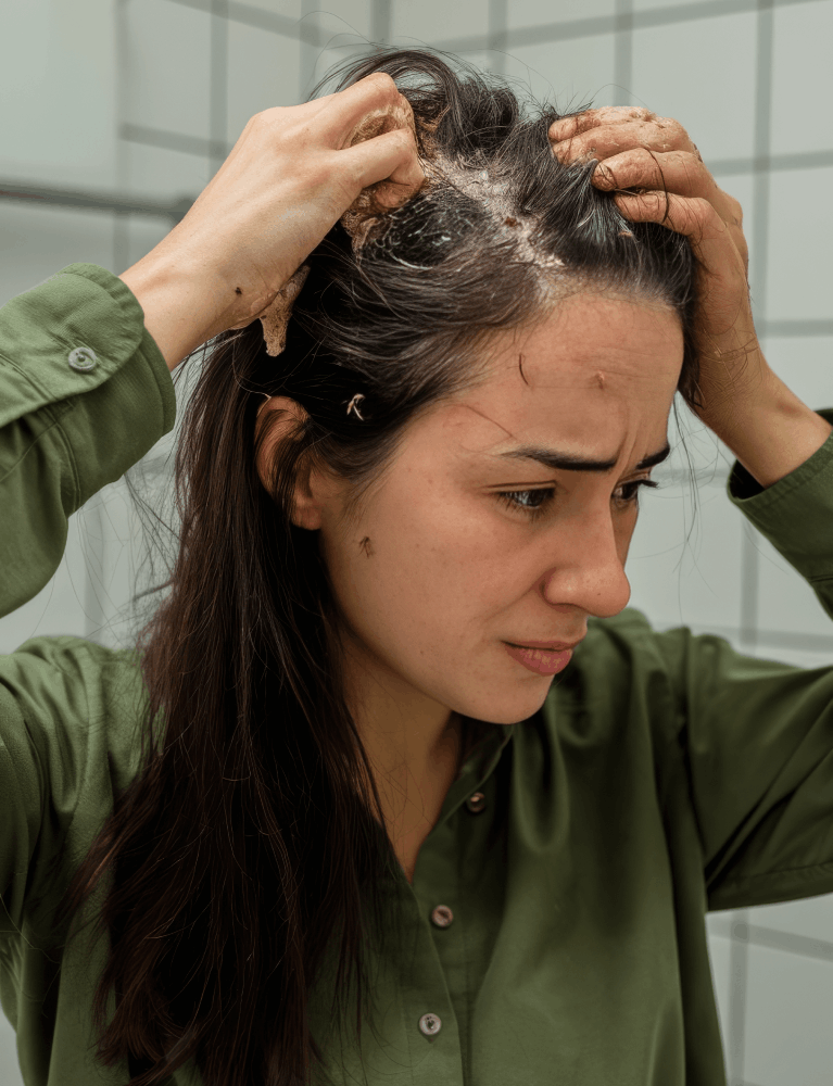 Dermatologist treating a patient with flaky scalp and scalp irritation at a skin and hair clinic in Chennai.