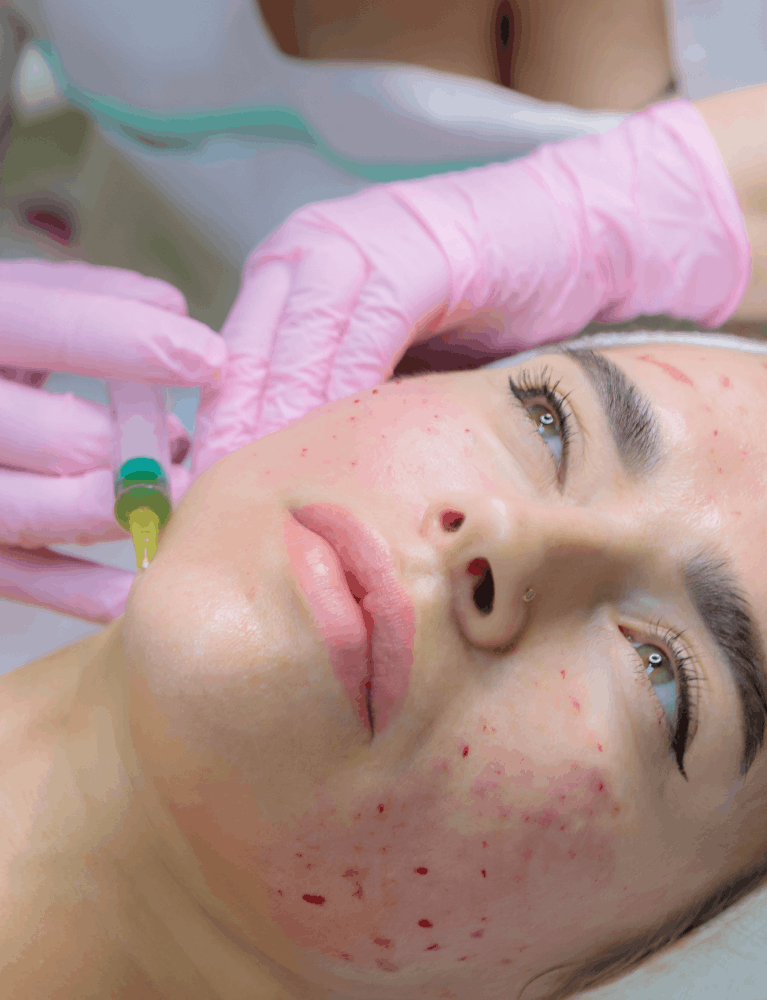 Dermatologist administering acne scar filler treatment to improve depressed acne scars at a skin clinic in Chennai.