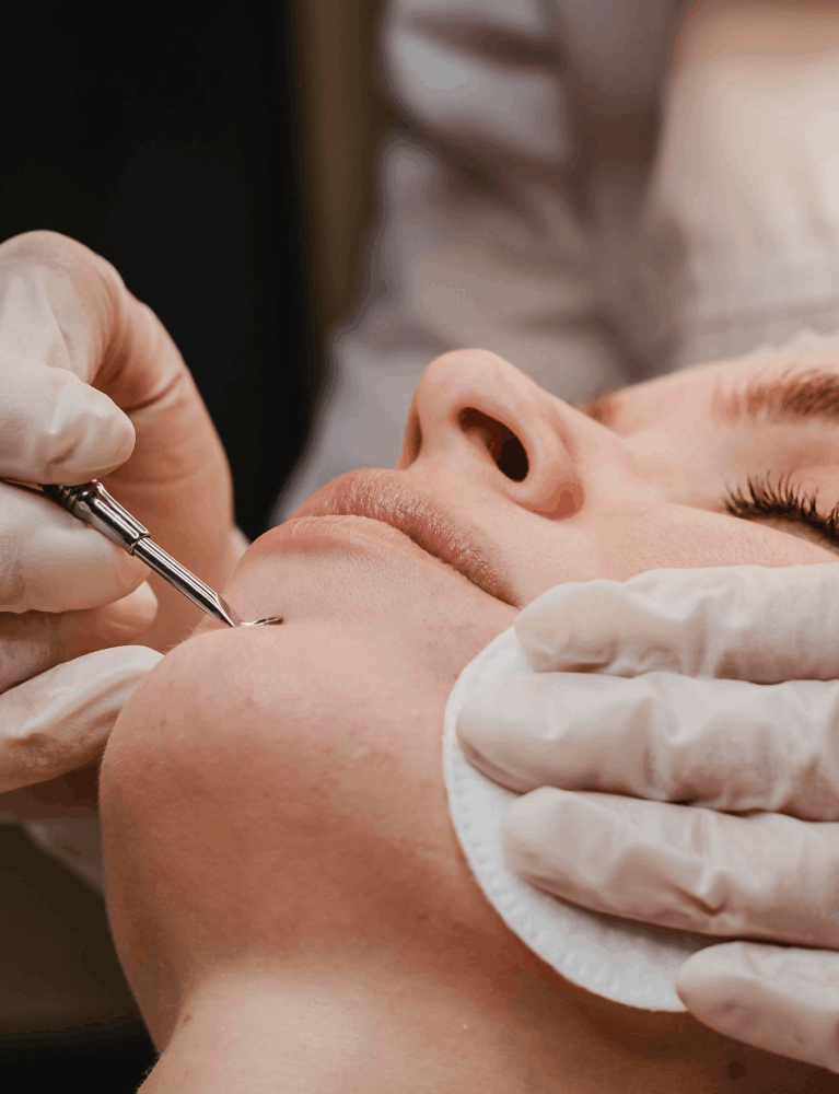 Dermatologist performing comedone extraction treatment to remove blackheads and clogged pores at a skin clinic in Chennai.