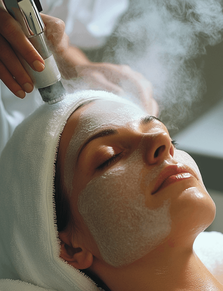 Dermatologist performing an O2 Derm Facial treatment on a patient at a skin clinic in Chennai.