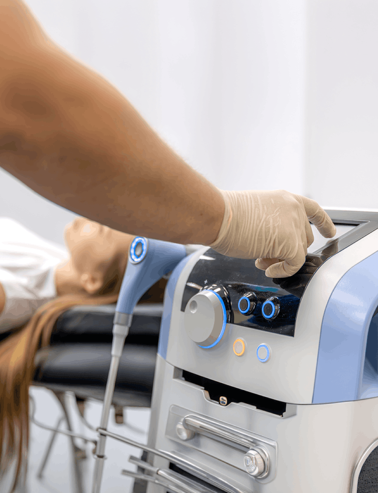 Dermatologist performing radio frequency ablation therapy on a patient at a skin clinic in Chennai.